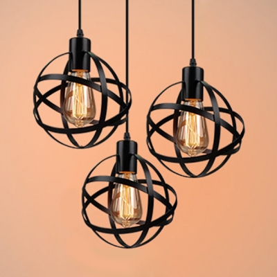 Industrial Wire Globe Ceiling Light 3 Lights Linear/Round Canopy Hanging Light in Black for Bar