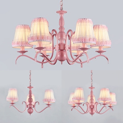 Kid Bedroom Tapered Shade Chandelier with Lace Decoration Metal 3/5/6 Lights Pink Pendant Light