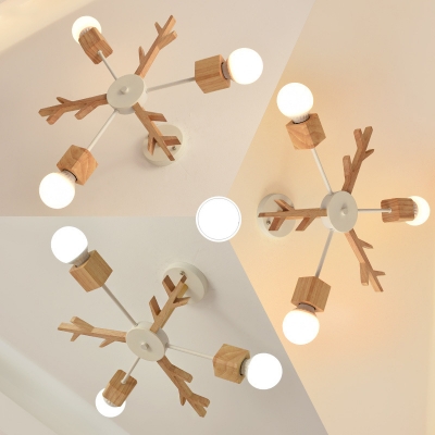 Kindergarten Snowflake Pendant Light Wood 3/6/8 Lights Nordic Style Beige Chandelier
