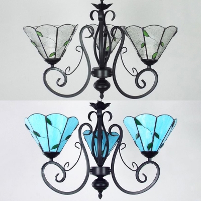Kitchen Hallway Cone Chandelier Blue/Clear Glass 3 Lights Rustic Ceiling Lamp with Leaf