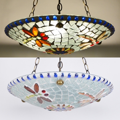 Living Room Bowl Pendant Light Stained Glass 16 Inch Tiffany Style Inverted Chandelier