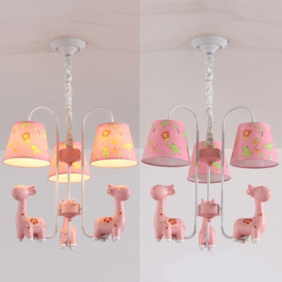 Lovely Blue/Pink Chandelier Tapered Shade 3 Lights Resin Pendant Light with Giraffe for Kid Bedroom