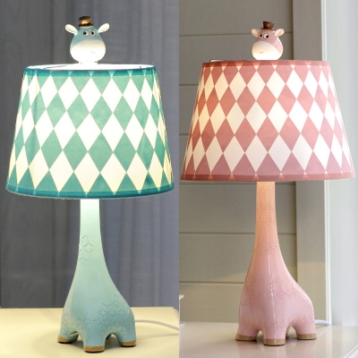 Lovely Giraffe Desk Light with Checkered Shade 1 Light Fabric Study Light in Blue/Pink for Bedroom