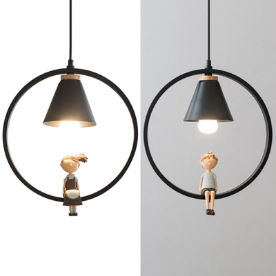 Metal Cone Shade Hanging Light 1 Light Modern Pendant Lamp with Little Boy/Girl in Black for Bedroom