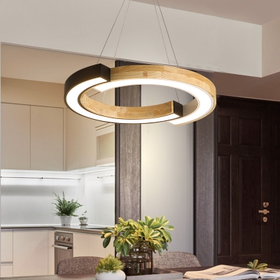 Modern 2 Half-Ring Pendant Light Wood Metal Black/White Ceiling Pendant with Black/White Lighting for Office