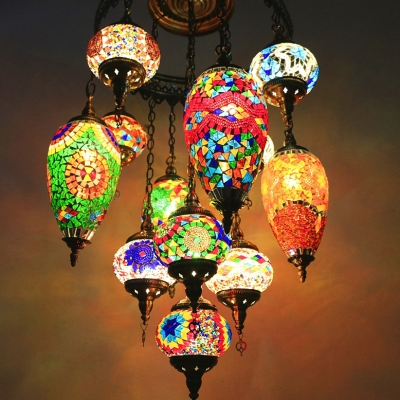 Moroccan Lantern & Teardrop Hanging Light 12 Lights Wrought Iron Chandelier in Brass for KTV Hotel