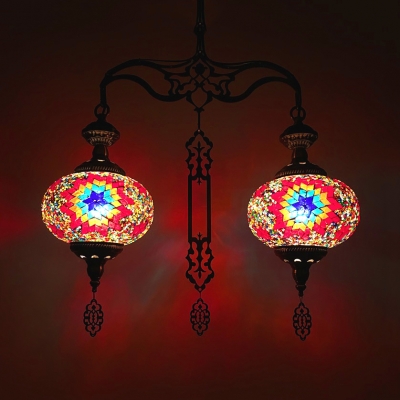 Moroccan Turkish Lantern Pendant Light Glass 2 Lights Blue/Red Chandelier for Living Room