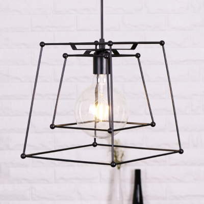 One Light Trapezoid Cage Hanging Lamp Black Metal Pendant Light in Black for Restaurant Cafe
