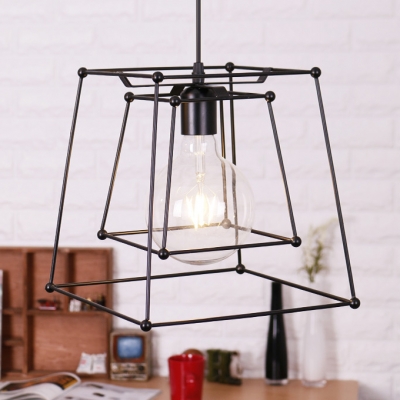 One Light Trapezoid Cage Hanging Lamp Black Metal Pendant Light in Black for Restaurant Cafe