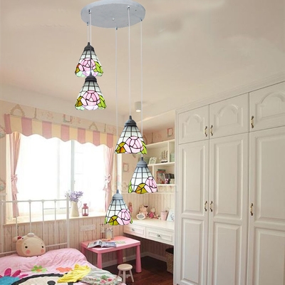 Pink Rose Ceiling Light with Grid Bell 5 Lights Creative Stained Glass Pendant Light for Girl Bedroom