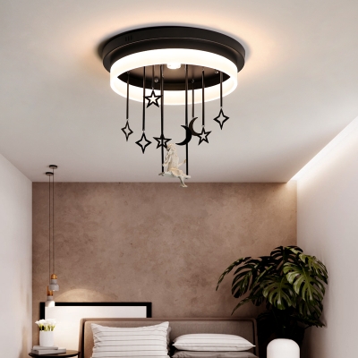 Romantic Night View Ceiling Mount Light with Goddess Black LED Semi Flush Light in Warm/White for Bedroom