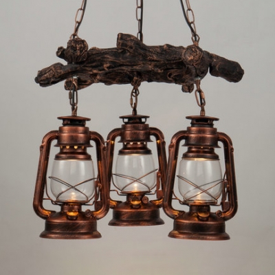 Rustic Aged Brass/Copper Chandelier with Branch 3 Lights Glass Kerosene Hanging Light for Bar Cafe