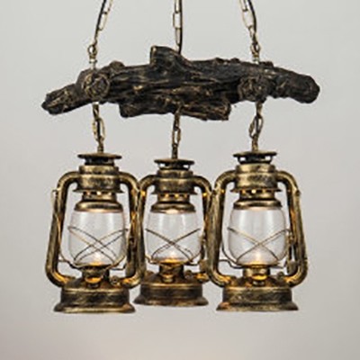 Rustic Aged Brass/Copper Chandelier with Branch 3 Lights Glass Kerosene Hanging Light for Bar Cafe