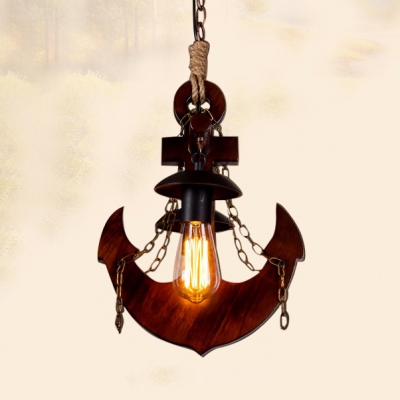 Rustic Style Anchor Pendant Light Wood 2 Lights Brown Chandelier for Dining Table Hallway