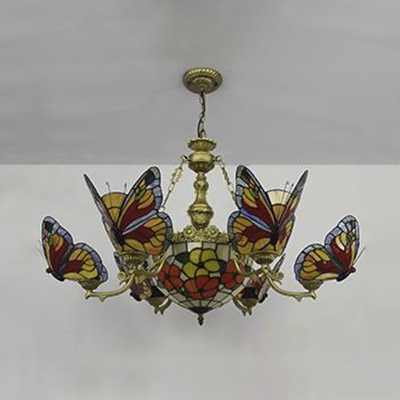 Rustic Style Butterfly Chandelier with Butterfly 7 Lights Stained Glass Pendant Light for Bedroom