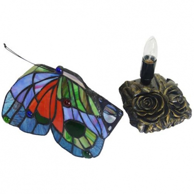 Stained Glass Butterfly Desk Light 1 Head Tiffany Antique Plug-In Table Light with Flower Body