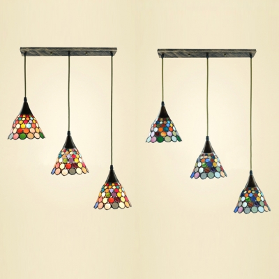 Tiffany Beige/Blue/Multi-Color Ceiling Pendant 3 Lights Glass Hanging Light for Dining Table
