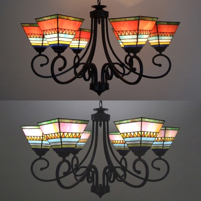 Tiffany Style Craftsman Chandelier 6 Lights Stained Glass Pendant Light in Orange/Pink for Cafe