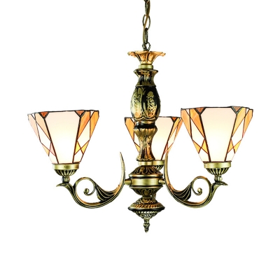 Tiffany Style Rustic Chandelier Cone Shade 3 Lights Stained Glass Engraved Hanging Lamp for Bathroom