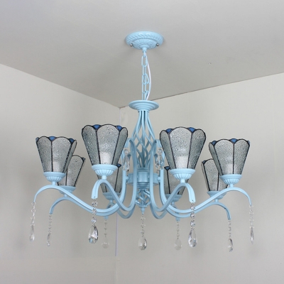Tiffany Style Suspension Light Cone Shade 8 Lights Blue/Clear/White Glass Chandelier for Dining Room