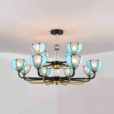 Traditional Blue Suspension Light with Dome Shade 12 Lights 2 Tiers Glass Chandelier for Villa