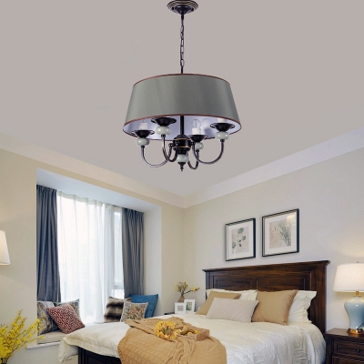 Traditional Drum Shade Hanging Light Fabric 4 Lights Beige/Khaki/White Chandelier for Bedroom