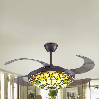 Victorian Dome LED Ceiling Fan with Invisible Blade Stained Glass Remote Control Semi Flushmount Light for Living Room