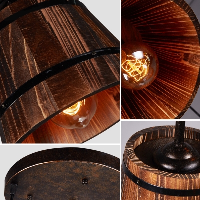 Vintage Barrel Pendant Light with Linear/Round Canopy 3 Lights Wood Hanging Light in Brown for Bar