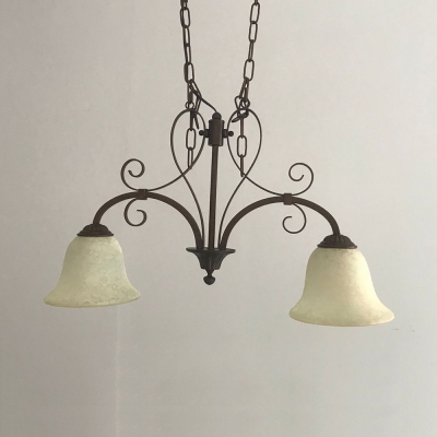Vintage Style Linear Chandelier with Bell Shade 2 Lights Frosted Glass Island Light for Bar