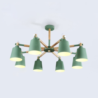 Wood Bucket Chandelier 8 Lights European Style Suspension Light with Macaron Color for Dining Room