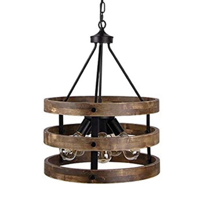 Wood Drum Shade Chandelier 5 Lights Country Style Suspension Light in Brown for Bar Restaurant