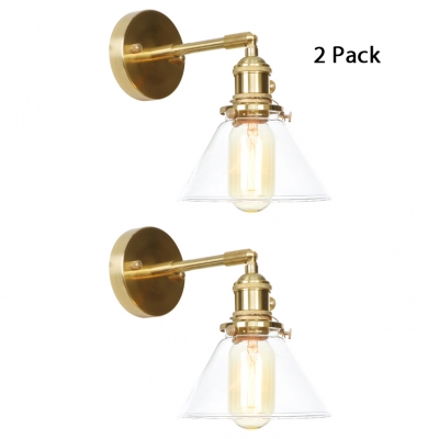 1/2 Pack Industrial Brass Wall Lamp Cone Shade 1 Light Clear Glass Wall Sconce for Kitchen