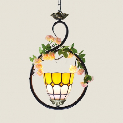 1 Light Dome Pendant Light with Ring Antique Style Suspension Light in Dark Blue/Sky Blue/Yellow for Balcony