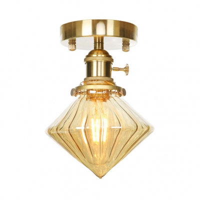 1 Light Square Flush Ceiling Light Industrial Amber/Clear Fluted Glass Light Fixture for Stair