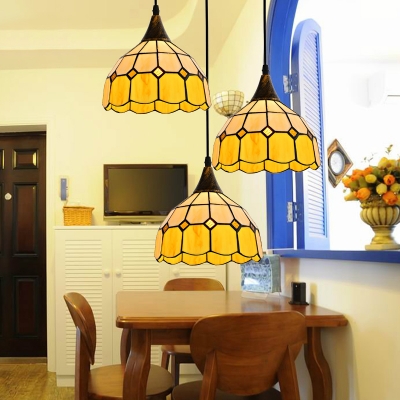 3 Lights Grid Domed Pendant Lamp Tiffany Rustic Glass Island Light in Yellow for Dining Table