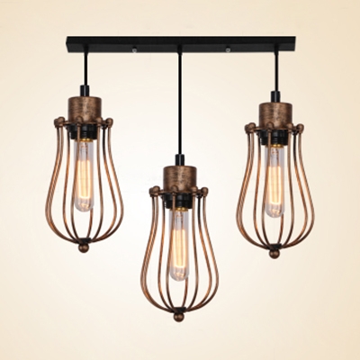 3 Lights Wire Frame Hanging Light Industrial Metal Pendant Lamp in Bronze for Dining Room