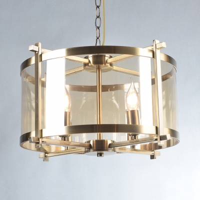 4 Lights Drum Chandelier Colonial Style Clear Glass Pendant Light with Candle in Brass for Hotel