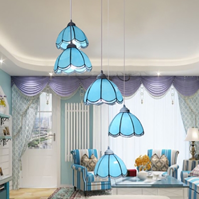 5 Lights Bowl Hanging Light Mediterranean Stylish Art Glass Ceiling Pendant in Blue for Villa