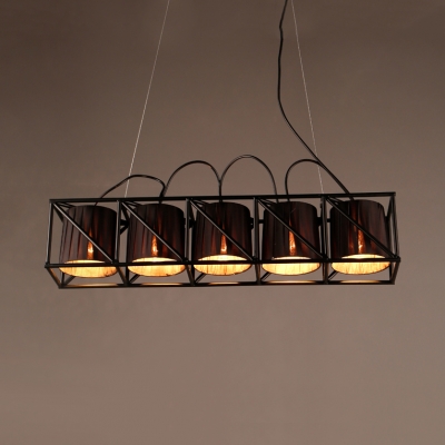 5 Lights Cylinder Island Pendant with Metal Cage Industrial Fabric Island Light in Black for Bar