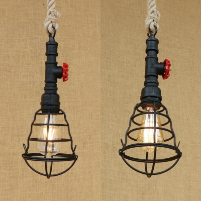 1 Light Wire Frame Pendant Light with Water Pipe Vintage Metal Rope Hanging Lamp for Restaurant