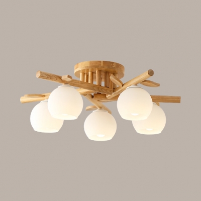 Wood Branch Shape Semi Flushmount Light 3/5/8 Lights Nordic Style Ceiling Light in Beige for Child Bedroom