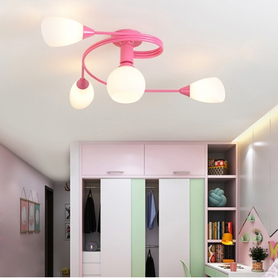 Macaron Stylish Bud Semi Flush Ceiling Light 4/6 Lights Opal Glass Ceiling Lamp in Blue/Pink for Bedroom