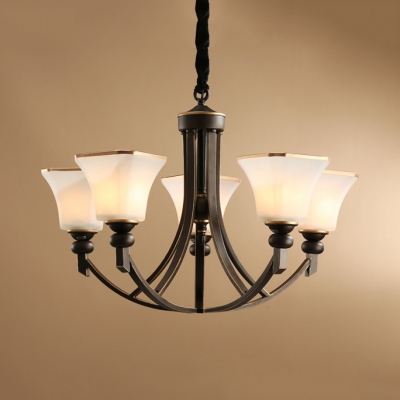 American Rustic Bell Shade Chandelier 3/5/8 Lights Frosted Glass Hanging Light in Black for Kitchen