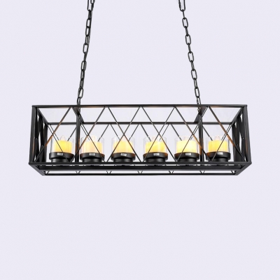 Antique Style Flameless Candle Hanging Light 4/6 Lights Metal Cage Island Fixture in Black for Cafe