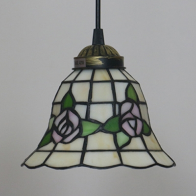 Beige Bell Shade Pendant Light with Flower 1 Light Rustic Style Stained Glass Hanging Light for Shop