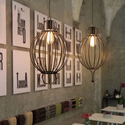 Black Orb Cage Ceiling Pendant 1 Light Industrial Metal Hanging Light for Dining Table Cafe