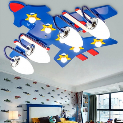 Boy Bedroom Airplane Ceiling Light Wood Creative Blue Flush Mount Light with Star