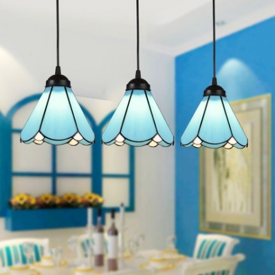 Cafe Conical Shade Pendant Light Glass 3 Lights Tiffany Blue Ceiling Pendant with Linear/Round Canopy
