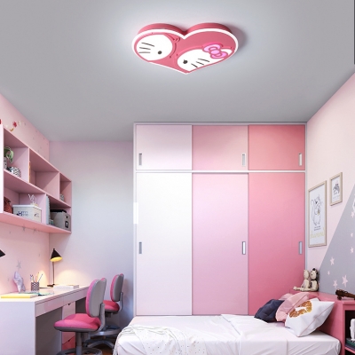Cartoon Heart Kitty Flush Ceiling Light Metal LED Ceiling Lamp in Warm/White for Girls Bedroom