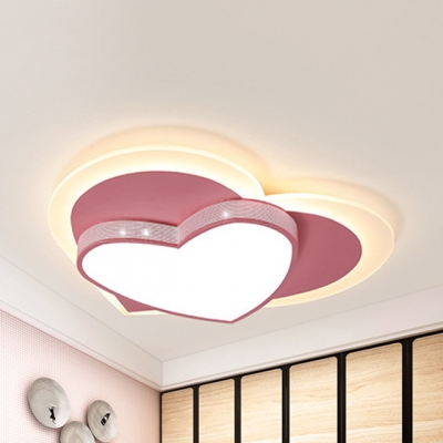 Cartoon Heart Shaped LED Ceiling Mount Light Metal 2-Tier Pink Flush Light for Girl Bedroom
